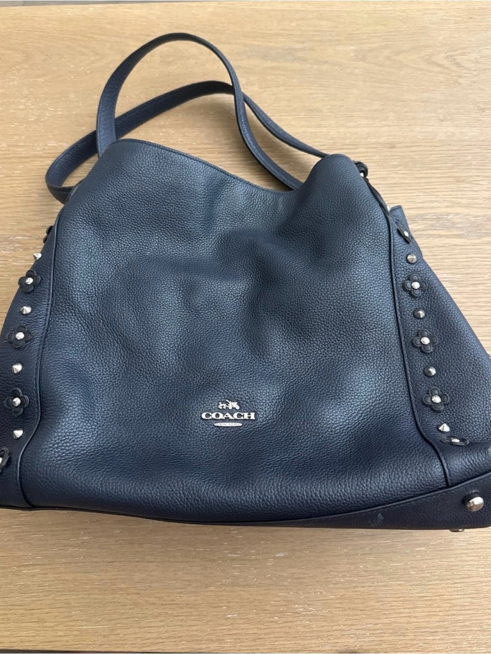 Coach Black Pebbled Leather Shoulder Bag with Stud & Flower Details